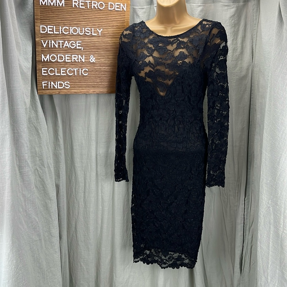 Moda International Vintage Black Lace High Neck Low V Back Bodycon Dress | 8